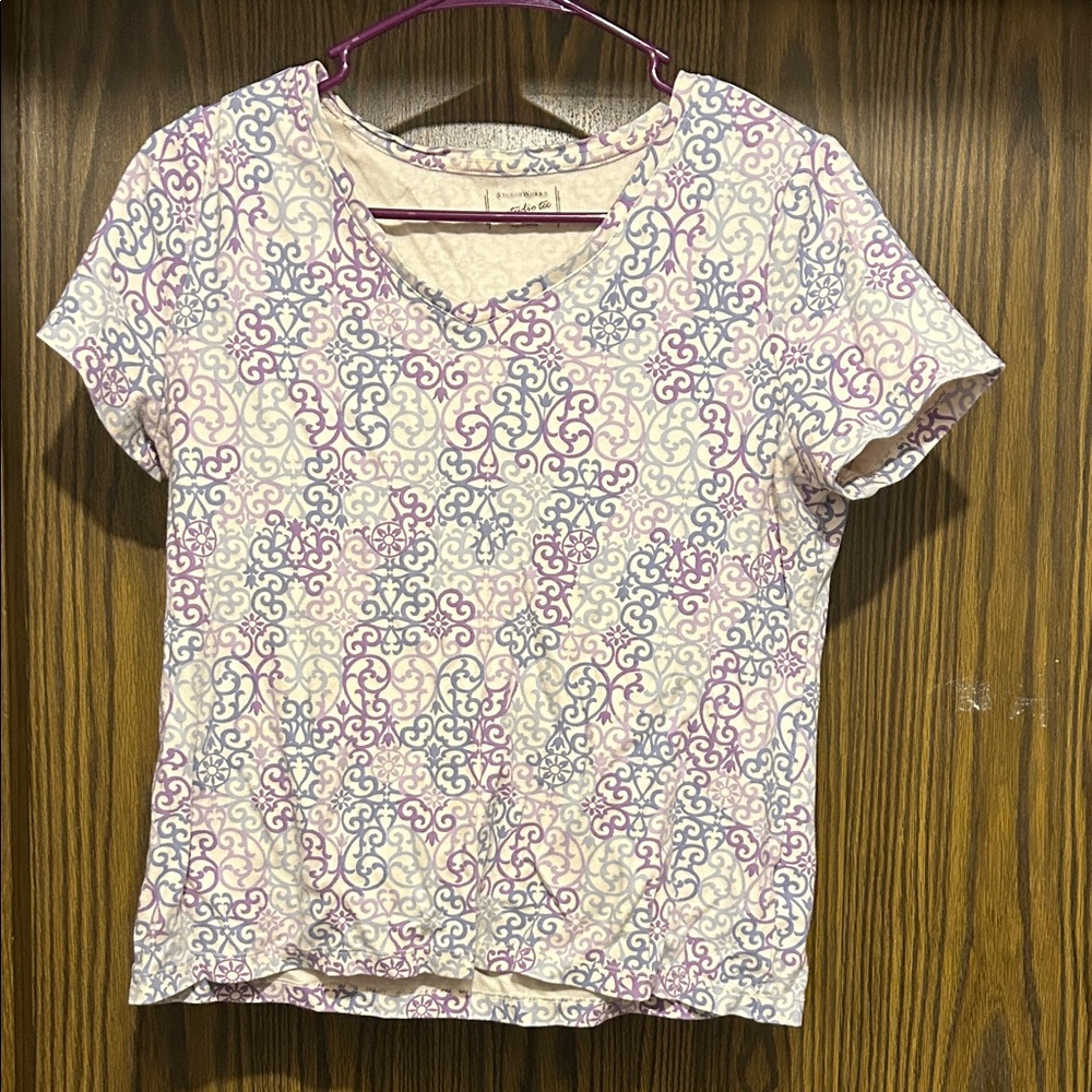 Studio Works Lavender & Light Blue V-Neck Short Sleeve Top